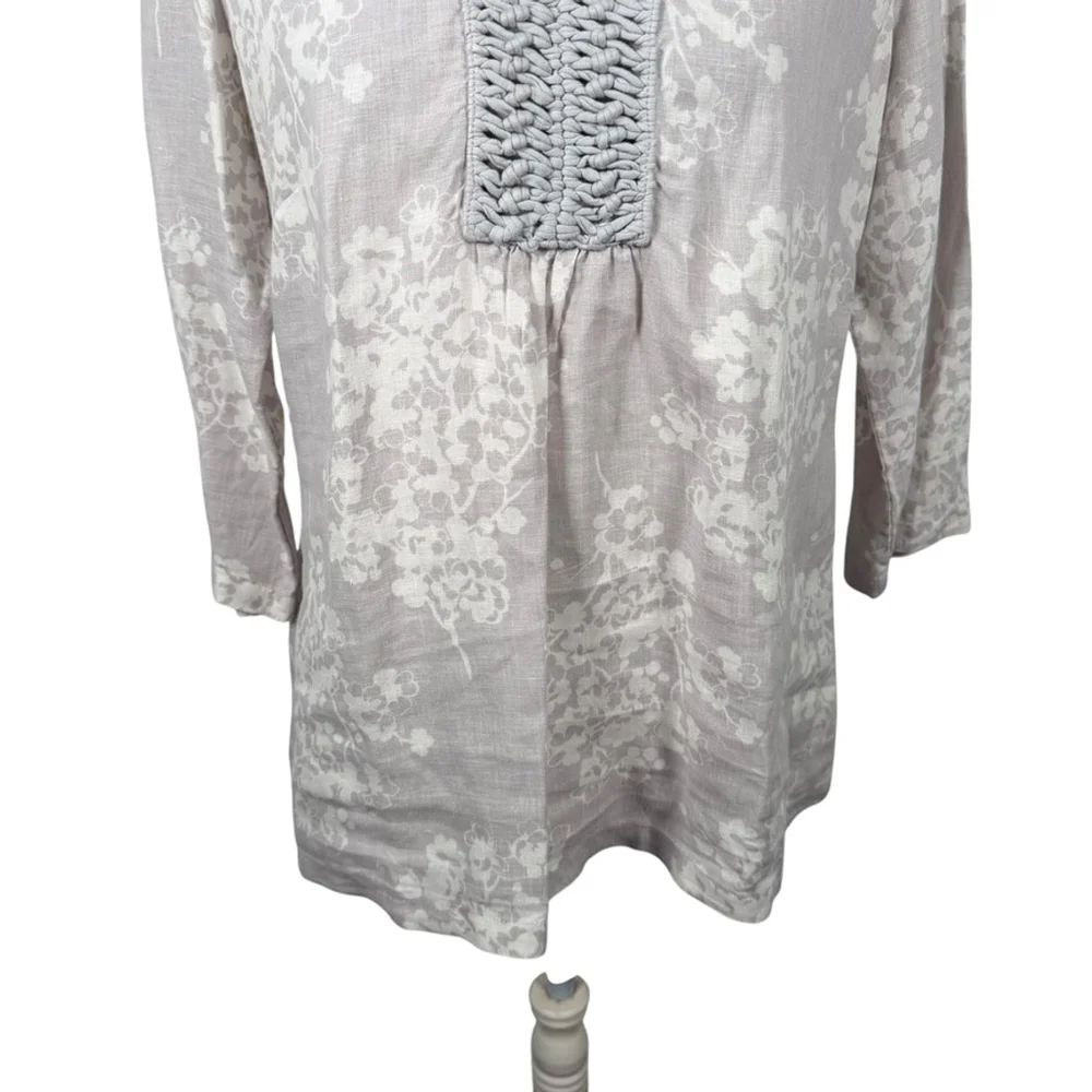 Boden Crochet Trim Tunic Blouse 100% Linen V-Neck Boho Coastal Cottage Size 10P